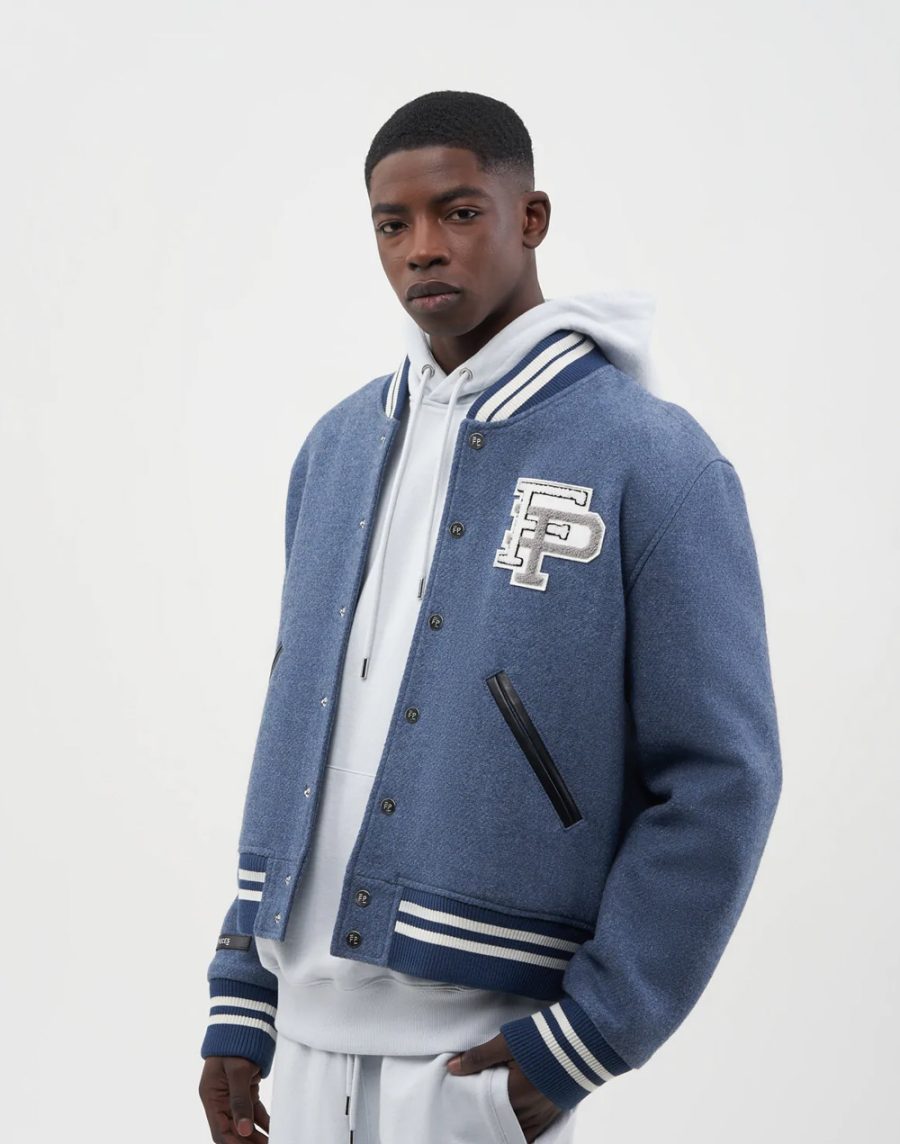 First row denim varsity jacket